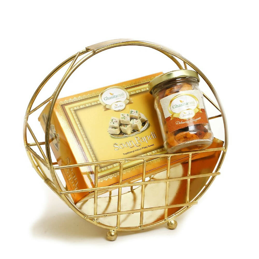 Ghasitaram Half Moon Metal Basket of Mix Dryfruits, Soan Papdi - Distacart