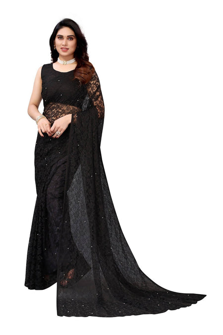 Vamika Ethnic Fire Black Pearls Net Saree