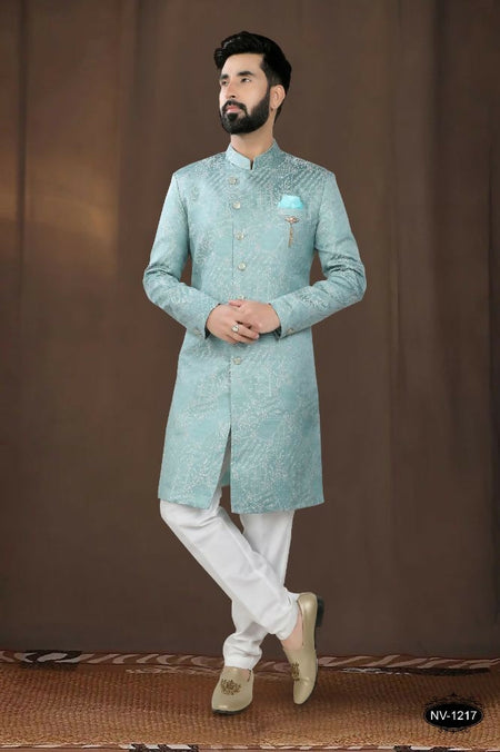 Joban Fashion Men's Blue Woven Jacquard Kurta with Pyjama