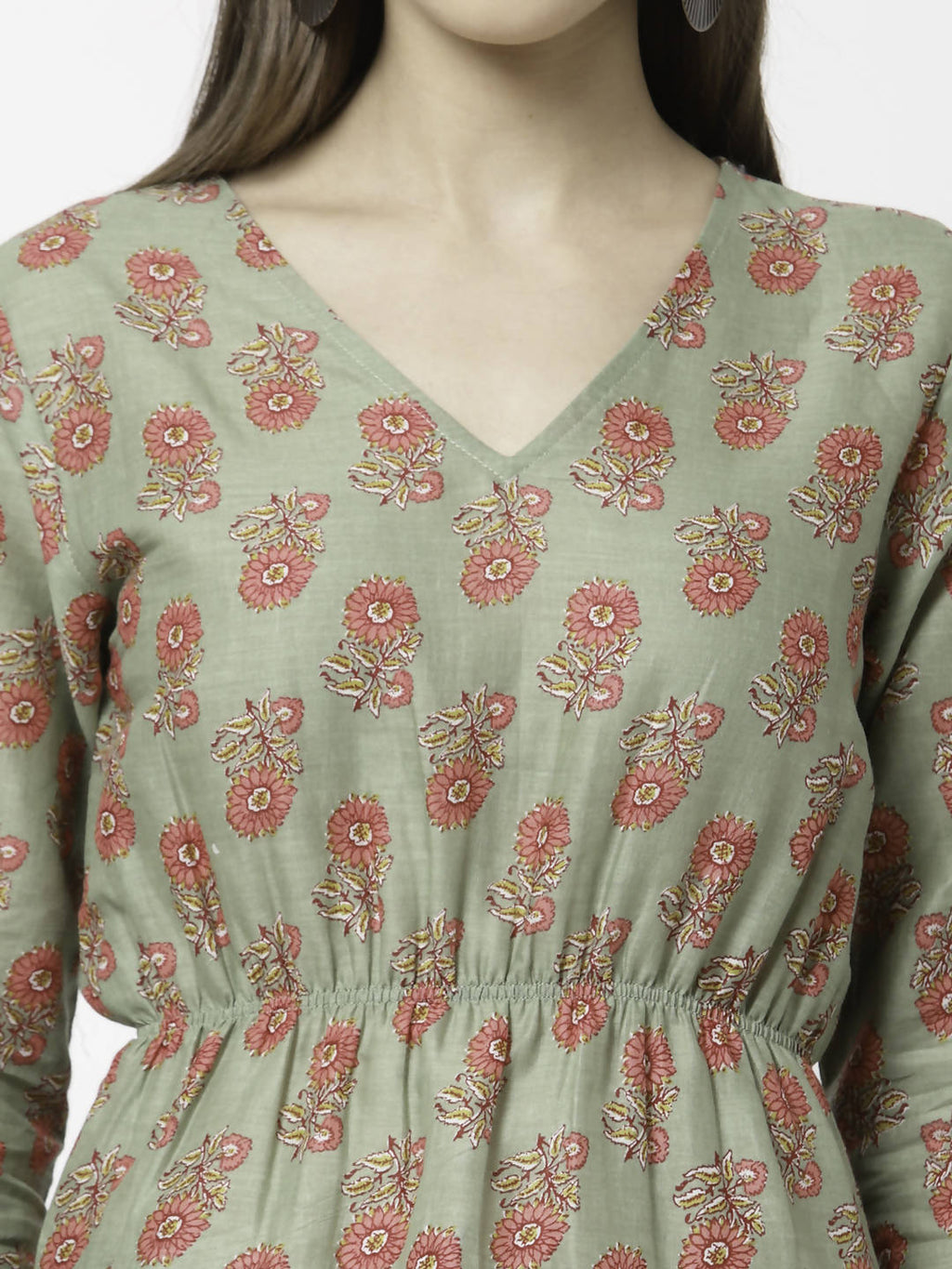 Myshka Printed 3/4 Sleeve V-Neck Casual Pure Cotton Green Top For Women