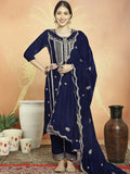Jyoti Fashion Women's Navy Blue Velvet Cording with Resham Thread & Sequin Kurta with Trouser & Dupatta