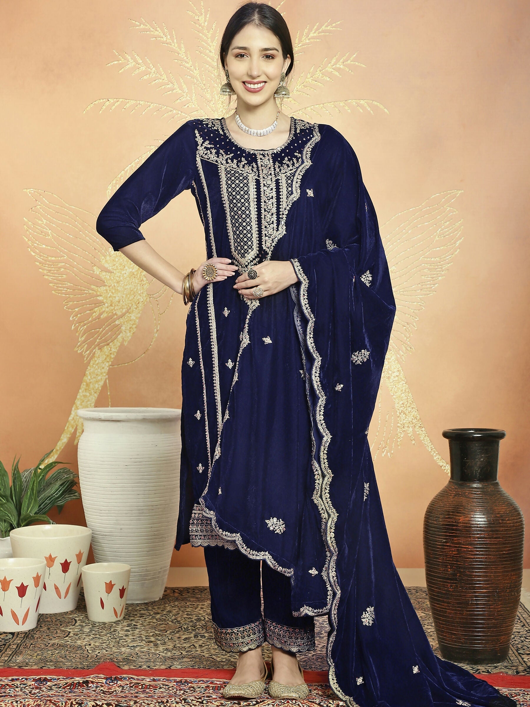 Jyoti Fashion Women's Navy Blue Velvet Cording with Resham Thread & Sequin Kurta with Trouser & Dupatta