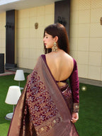 DEIANA'S Beautiful Designer Golden zari Soft Lichi Silk Saree - Wine