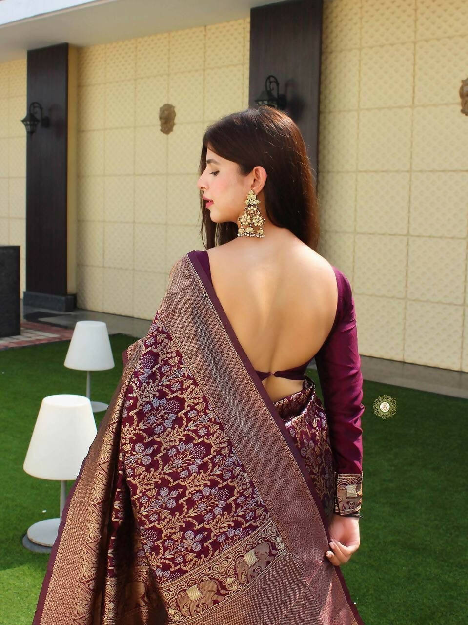 DEIANA'S Beautiful Designer Golden zari Soft Lichi Silk Saree - Wine