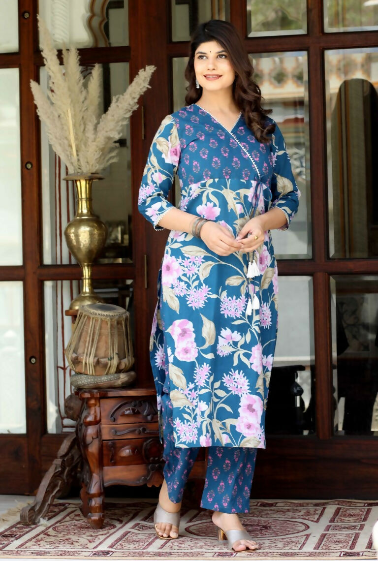 Miravan Women's Floral Block Printed Angrakha Kurta With Floral Palazzo