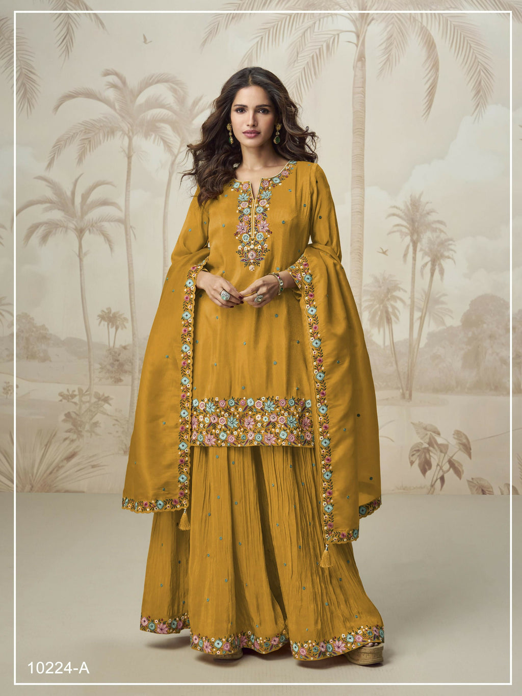 Anaita Mustard Simar with Embroidery Multi & Zarkhan Work Readymade Palazzo suit - Distacart