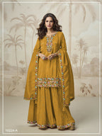 Anaita Mustard Simar with Embroidery Multi & Zarkhan Work Readymade Palazzo suit - Distacart