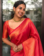 DEIANA'S Beautiful Designer Golden zari Soft Lichi Silk Saree - Red