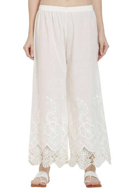 PAVONINE White Color Chikankari Lace Scalloped Hem Cotton Fabric Sharara