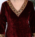 Miravan Women's Maroon Velvet Sequence Work Straight Kurta With Palazzo