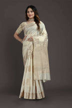 Off White Pure Raw Silk Zari Woven Saree with Unstitched Blouse Piece - Alisha