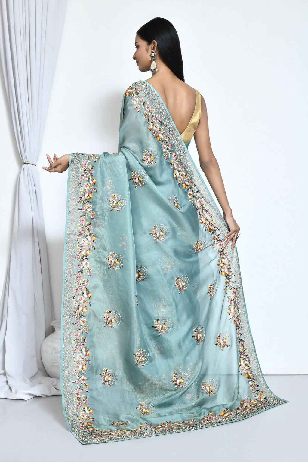 Blue Net Organza Silk Thread Emboidered with Stone Work Saree - Nimaya Benzy