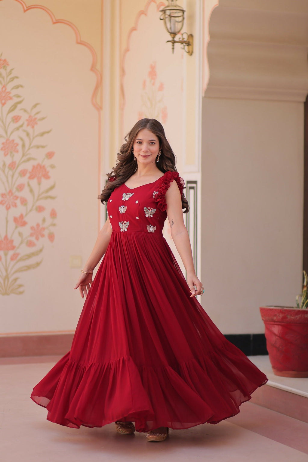 Joban Fashion Maroon Georgette Sequence Embroidery Work Gown - Distacart
