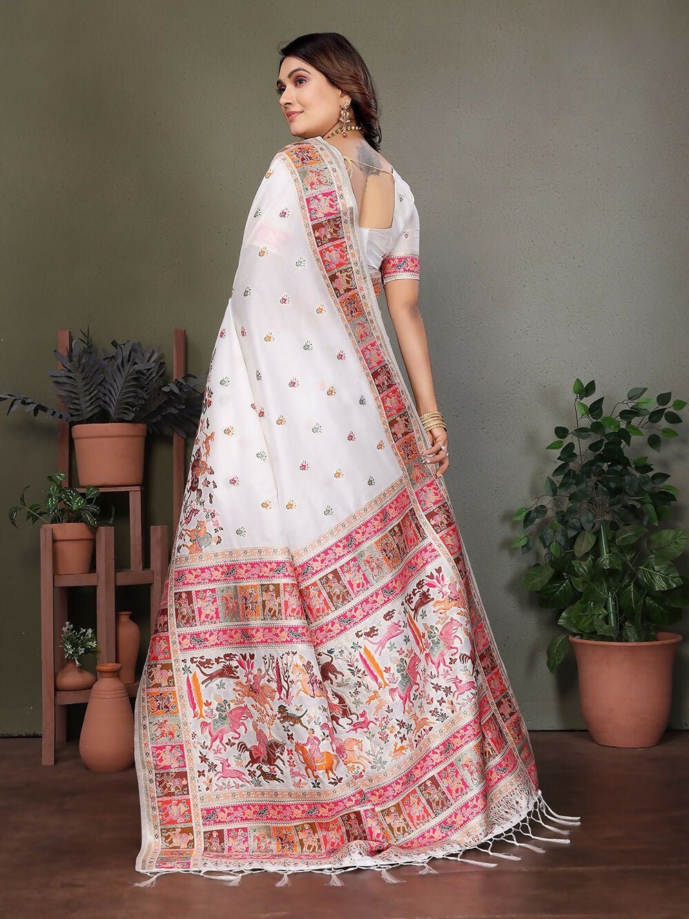 Joban Fashion White Thread Woven Pashmina Sarees
