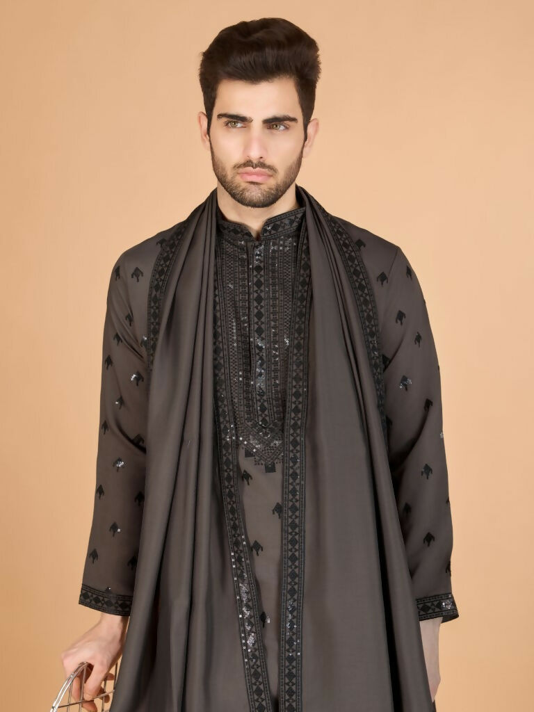 Vastranavya Brown Exclusive Festival Wear Viscose Silk Thread with Sequence Embroidered Work Kurta with Dupatta