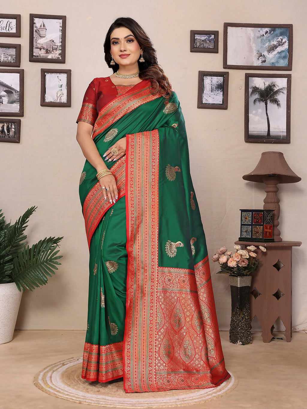Joban Fashion Banarasi Green Small Butti Soft Silk Saree - Distacart