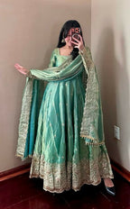 Teeya Creation Teal Fendy Silk Designer Heavy Work Wedding Wear Long Gown - Distacart