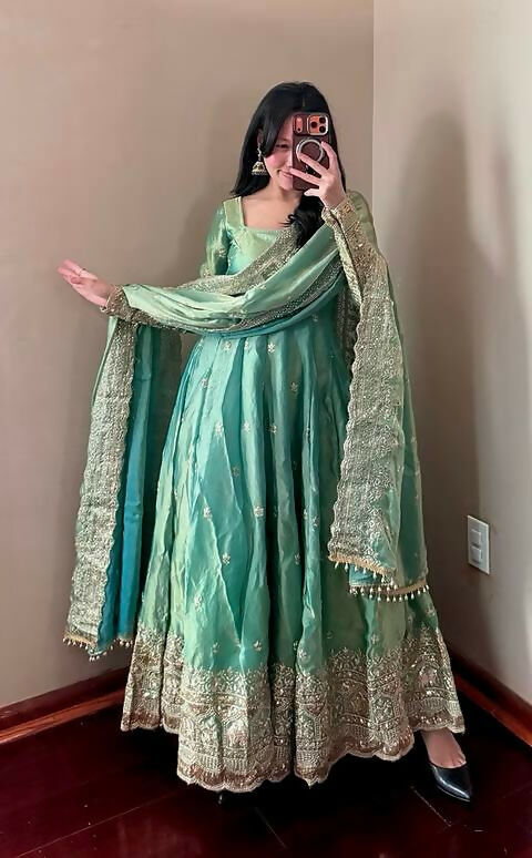 Teeya Creation Teal Fendy Silk Designer Heavy Work Wedding Wear Long Gown - Distacart