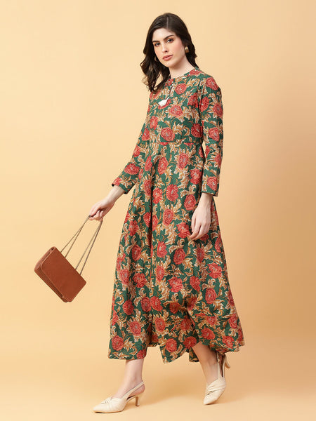 Joban Fashion Green Cotton Printed & Hand Work Dress