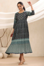 Juniper Bottle Green Muslin Festive Printed Flared Dress For Women - Distacart