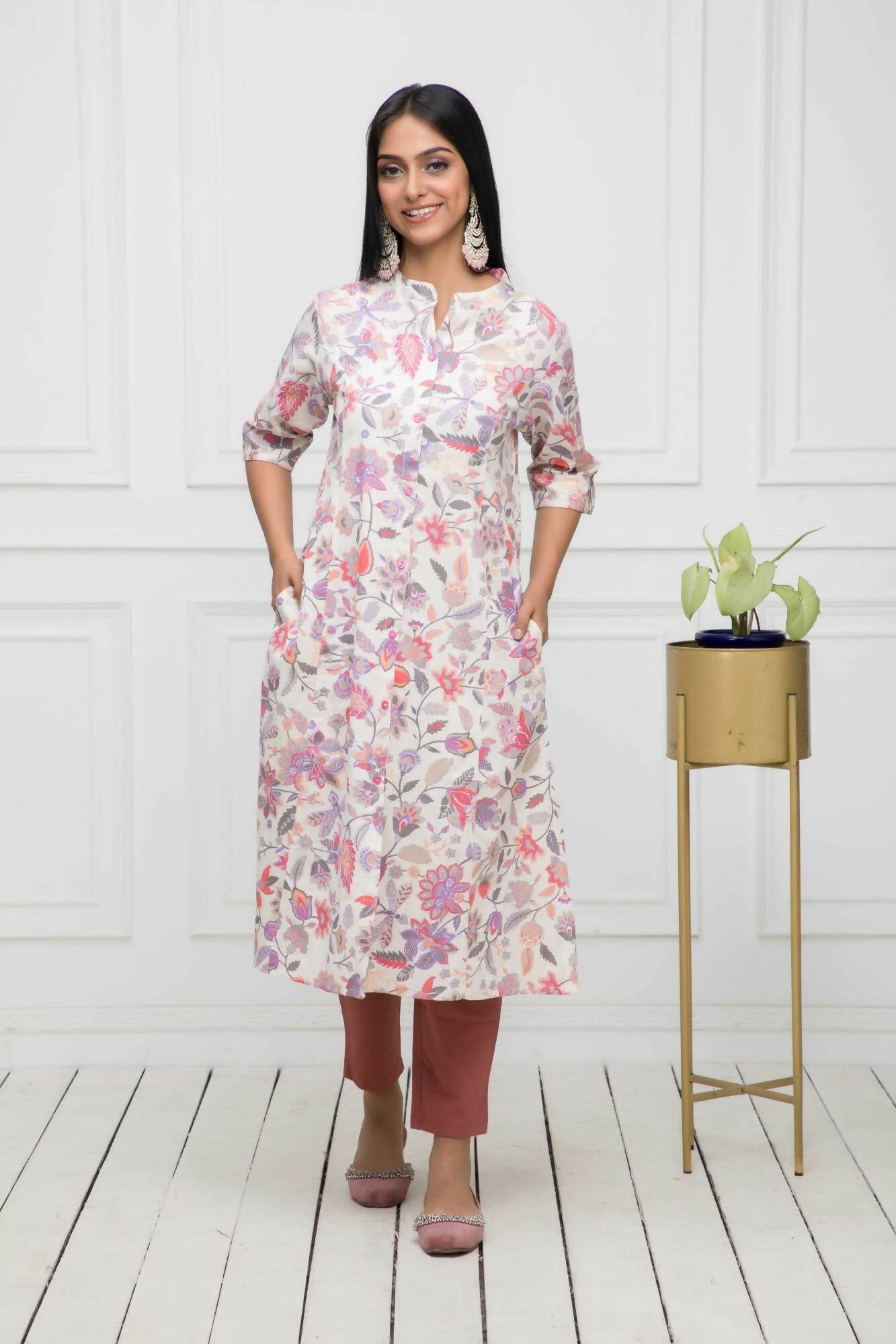 Myshka Women Cotton A-Line Round Neck Multi Floral Kurtas - Distacart
