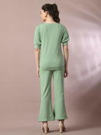 Myshka Women's Sea Green Solid Boat Neck Party Top With Trousers Co-ord set