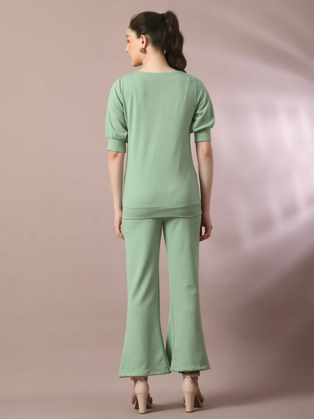 Myshka Women's Sea Green Solid Boat Neck Party Top With Trousers Co-ord set
