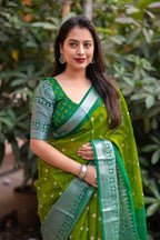 Green Jute Silk Ethnic Motifs Saree with Unstitched Blouse - A2M - Distacart