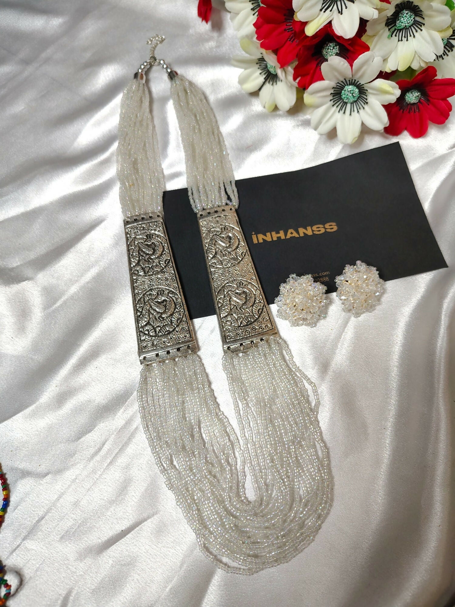 Inhanns Saree Shobha Statement Necklace & Earring Set - White Necklace With Earrings