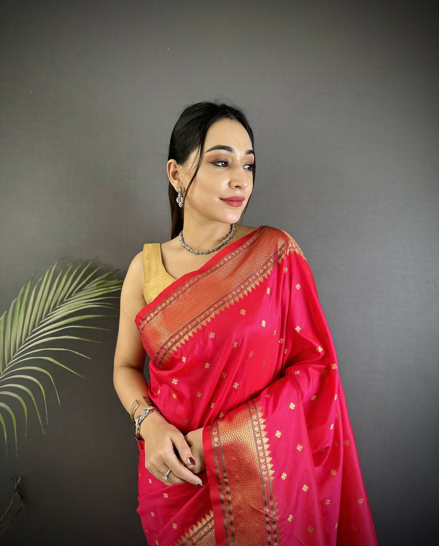 Joban Fashion Magenta Pink Butti Woven Soft Lichi Silk Paithani Saree - Distacart