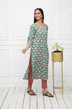 Myshka Multi Floral Cotton Straight Round Neck Women Kurtas - Distacart