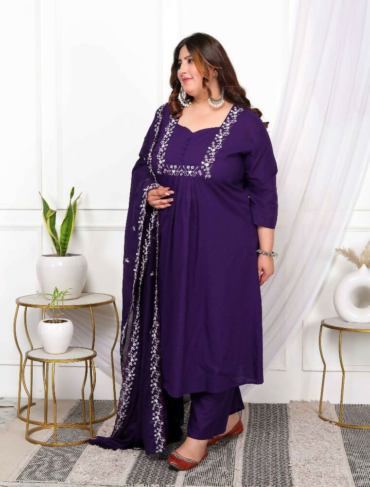 Miravan Womens Plus Size Purple Embroidered Kurta With Palazzo And Dupatta Set - Distacart