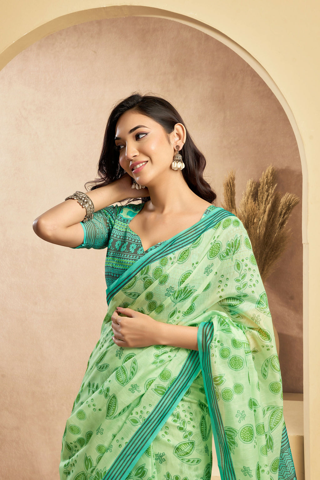 Vastranavya Mint Green Digital Printed Linen Ready To Wear Designer Saree with Unstitched Blouse - Distacart