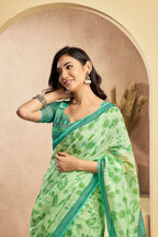 Vastranavya Mint Green Digital Printed Linen Ready To Wear Designer Saree with Unstitched Blouse - Distacart