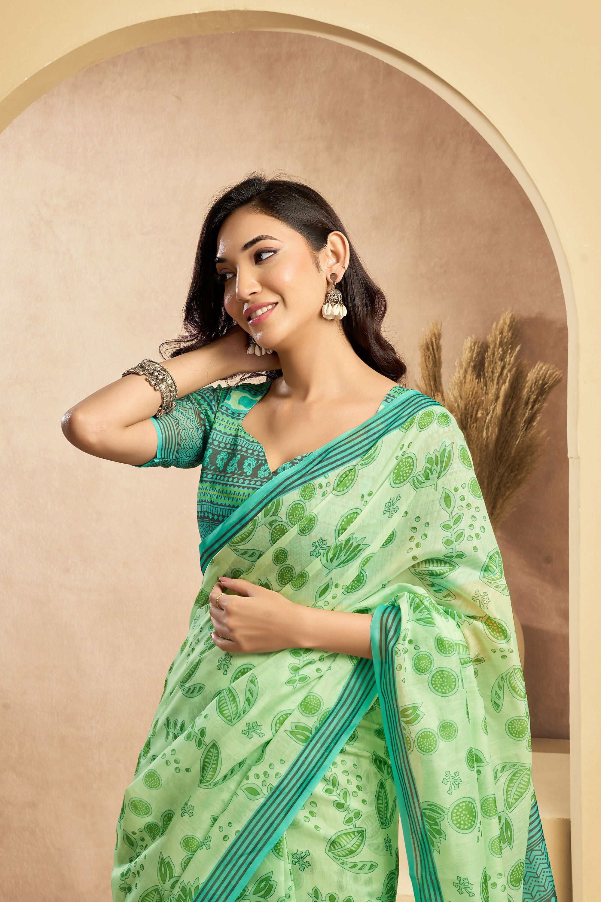 Vastranavya Mint Green Digital Printed Linen Ready To Wear Designer Saree with Unstitched Blouse - Distacart