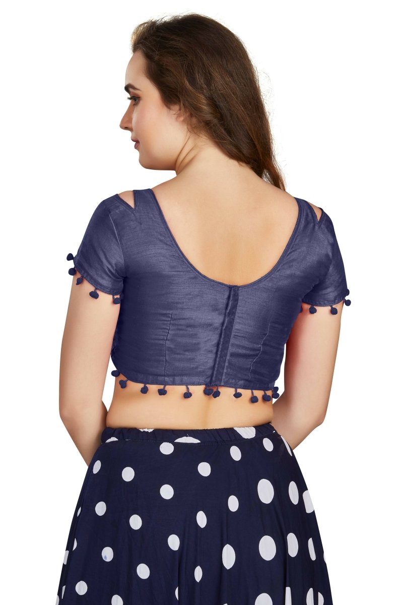 Aastha Fashion Women's Navy Blue Art Silk Pom Pom Lace Readymade Blouse