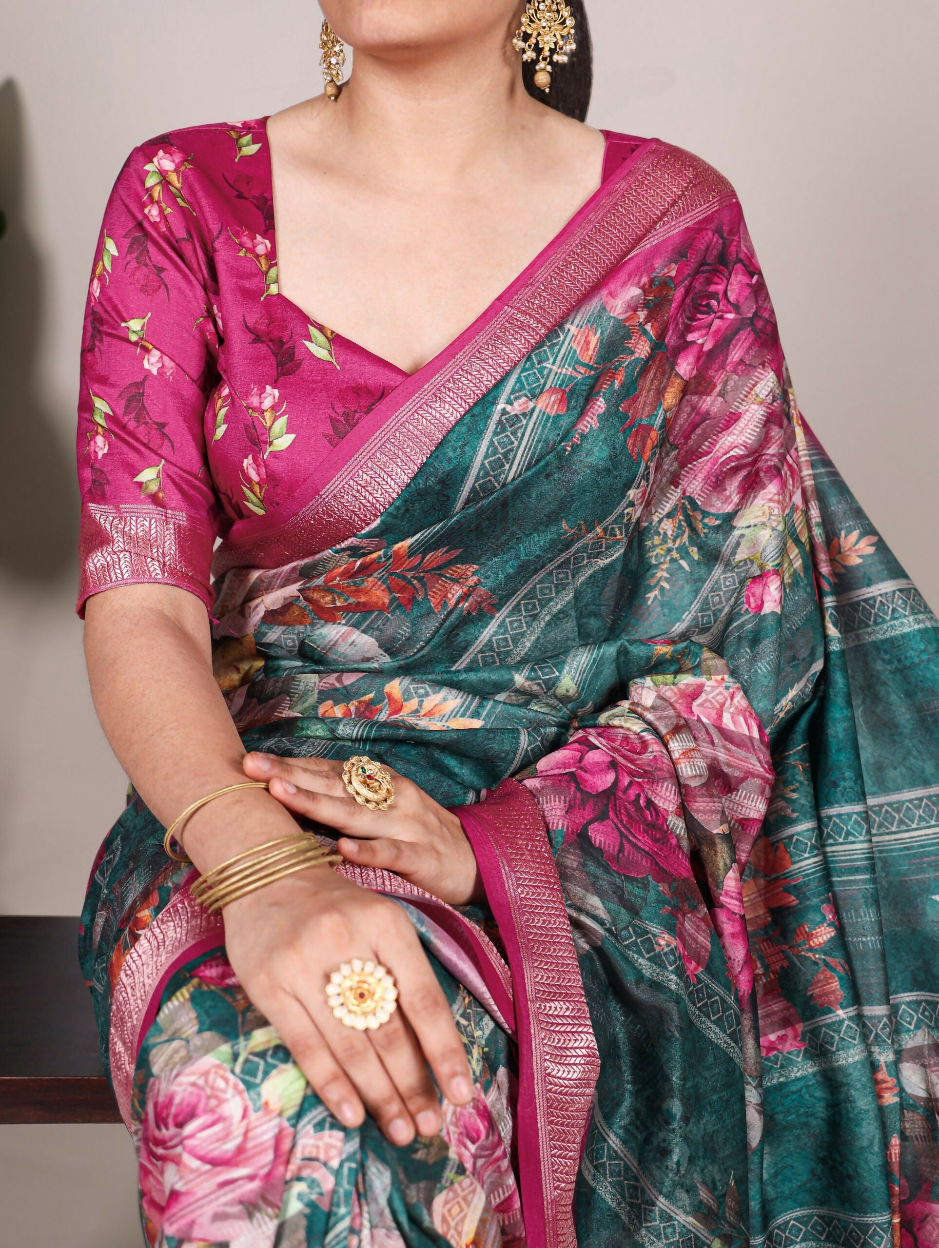 Vastranavya Green Tussar Silk Printed with Viscose Border Saree with Unstitched Blouse - Distacart