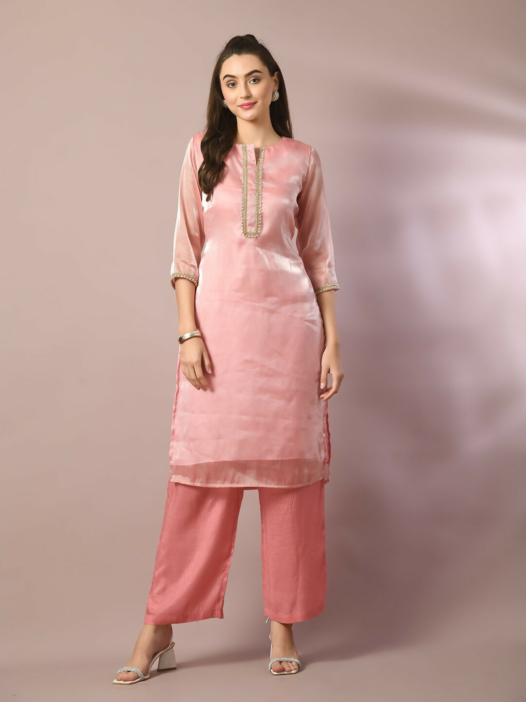 Myshka Women's Pink Solid Straight Party Kurta Set