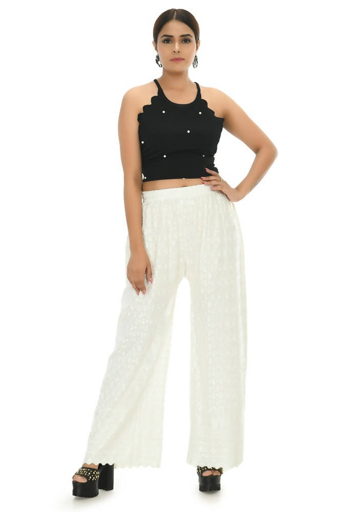Mominos Fashion Moeza Reyon Cotton White Color Chikan Work Palazzo