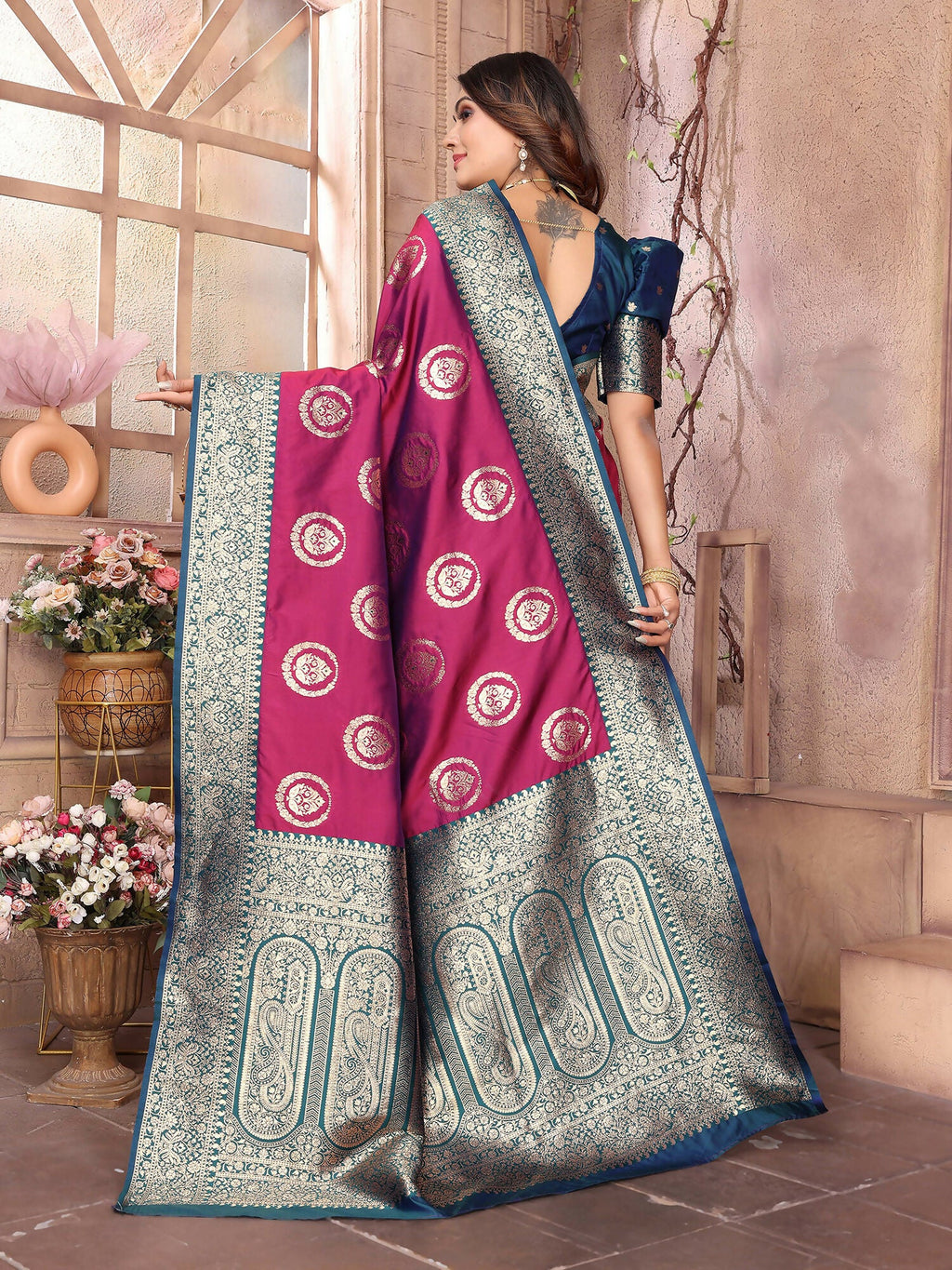 Joban Fashion Magenta Banarasi Soft Silk Woven Saree - Distacart