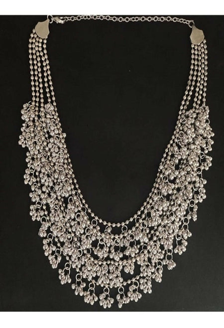 Mominos Fashion Johar Kamal Oxidised Silver-Plated Brass Finish Ghungroo Necklace with Earrings For Women