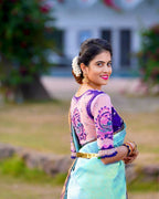DEIANA'S Beautiful Designer Golden zari Soft Lichi Silk Saree - Sky