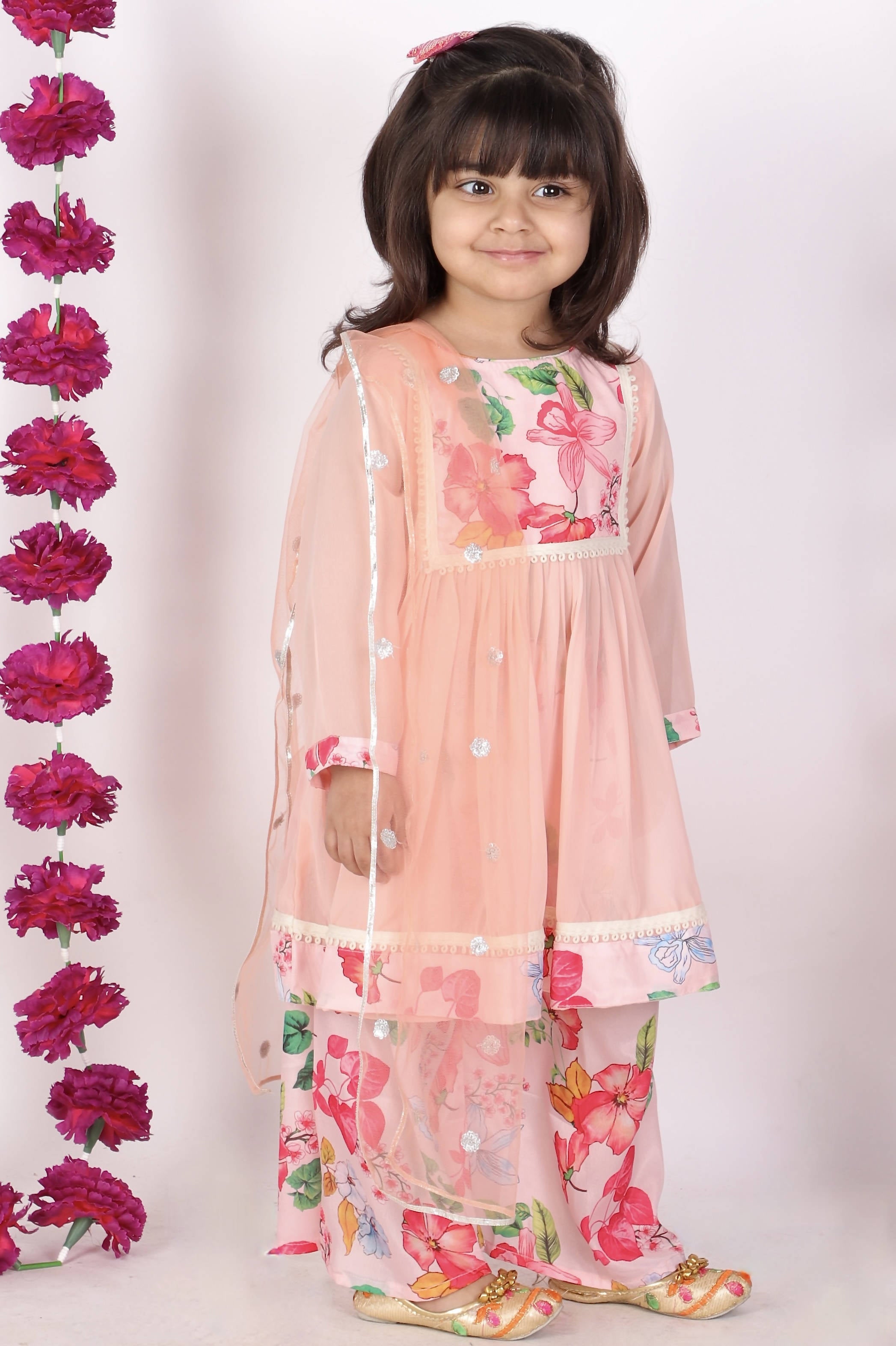 Little Bansi Girls Peach Color Rose print Kurta Frock with Floral Plazzo and Dupatta