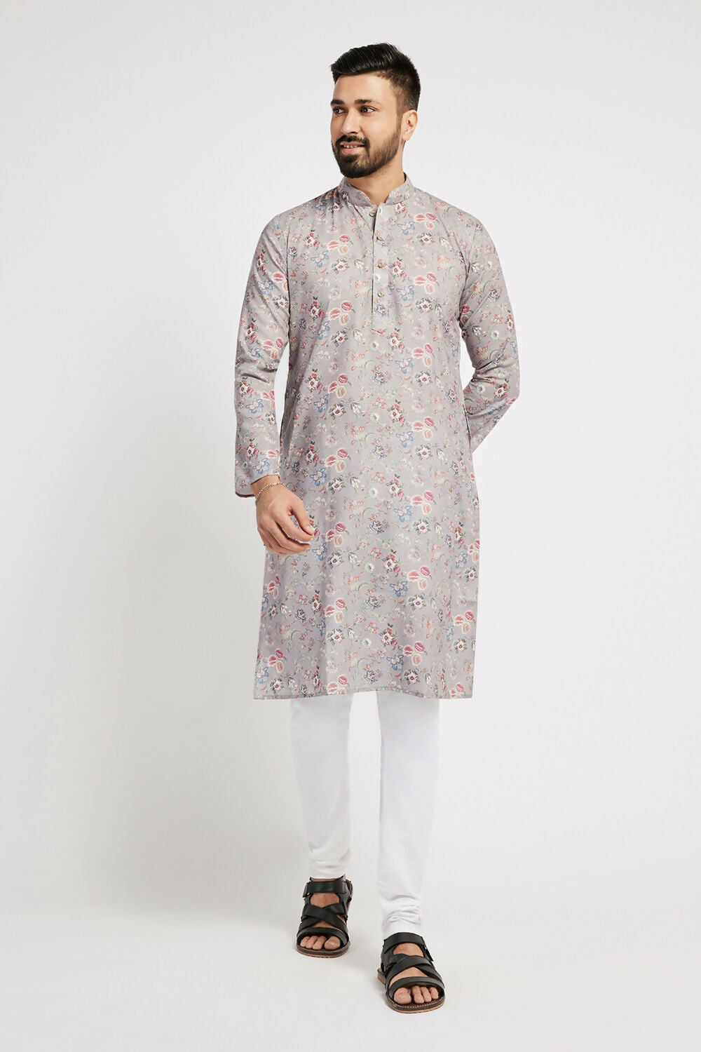 Ethnic India Grey Men's Kurta Floral Polyester