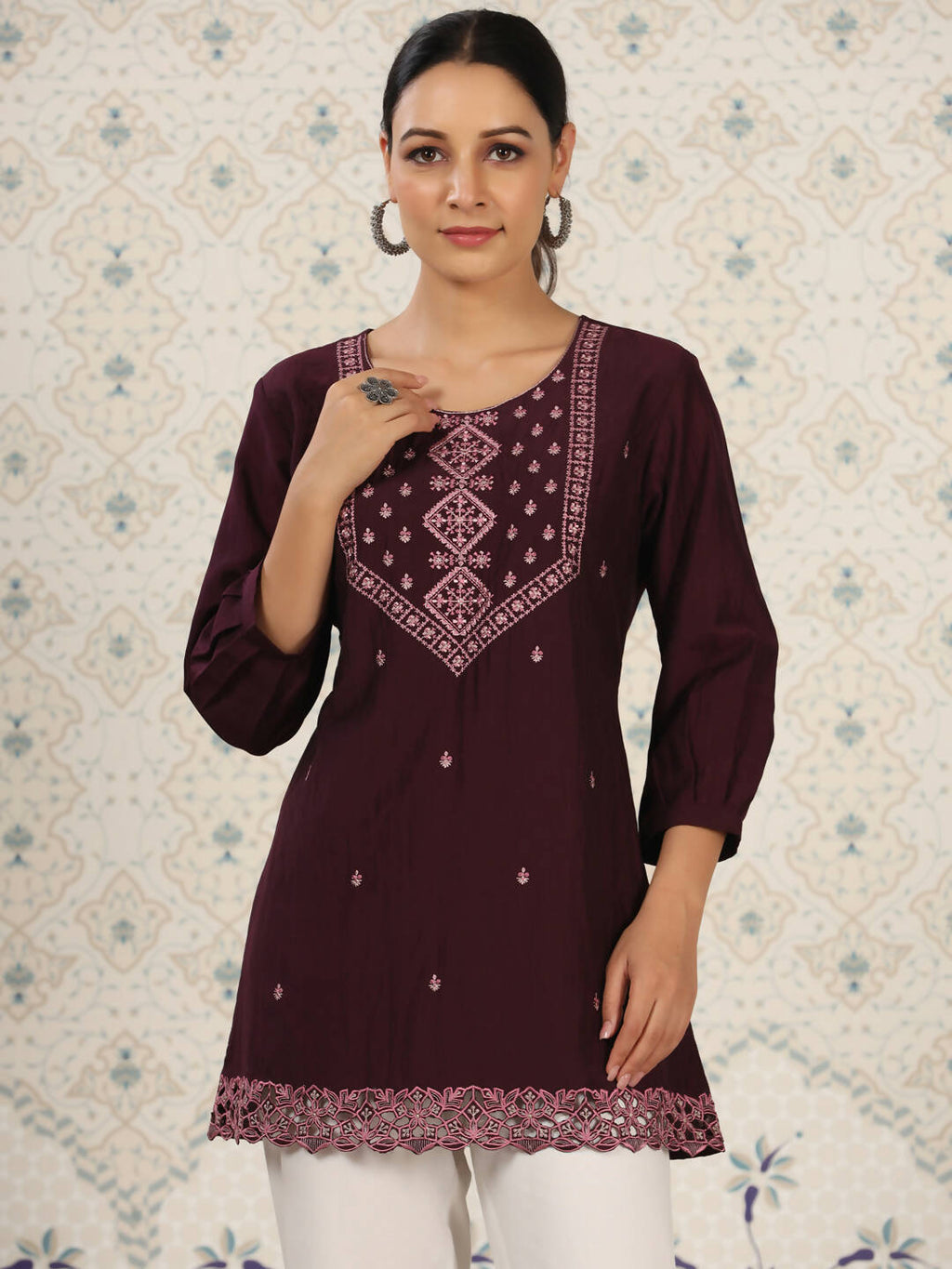 Magenta Chinon Embroidered Straight Top - Zeny