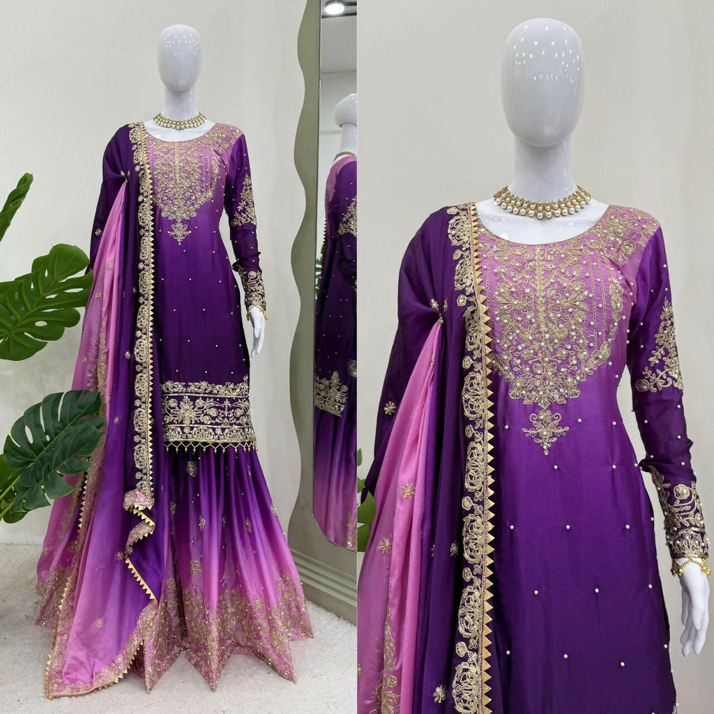 The52 Women's Beautiful Chinon silk Fabric Embroidery Work Straight Kurta Palazzo and Dupatta Set - Distacart