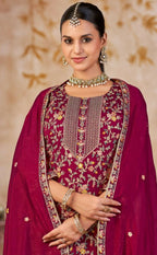 Anaita Maroon Vichitra Silk Readymade Palazzo Suit with Embroidery & Lace Work - Distacart