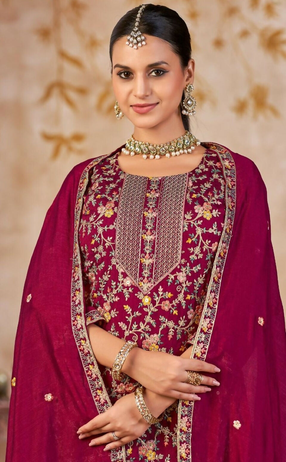 Anaita Maroon Vichitra Silk Readymade Palazzo Suit with Embroidery & Lace Work - Distacart