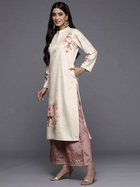 Ahalyaa Women Cream-Coloured & Pink Floral Printed Gotta Patti Floral Velvet Kurta