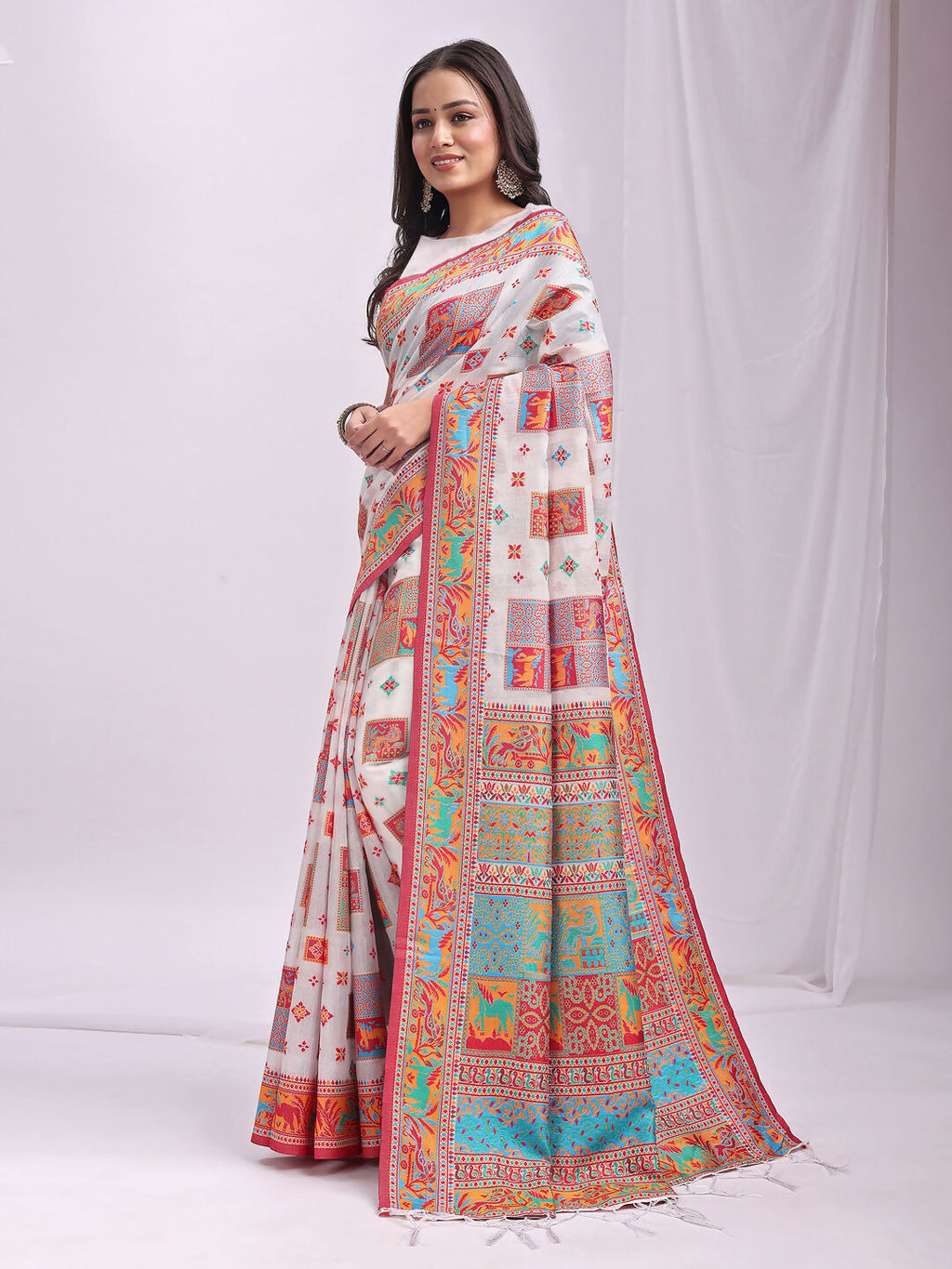 Shree Shyam Fashion Vastraloom White Linen Cotton Saree